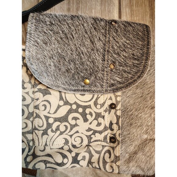 Myra Bag, Cowhide Gray Fur Hair Shoulder Bag Purse Tan Canvas Paisley, Zip Close - Picture 3 of 6